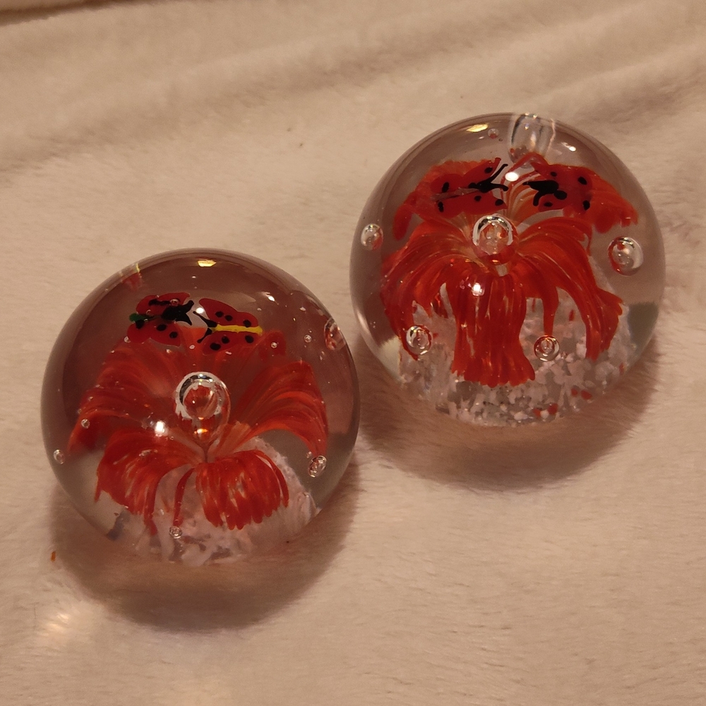 Glass Paperweights with Red Floral Design